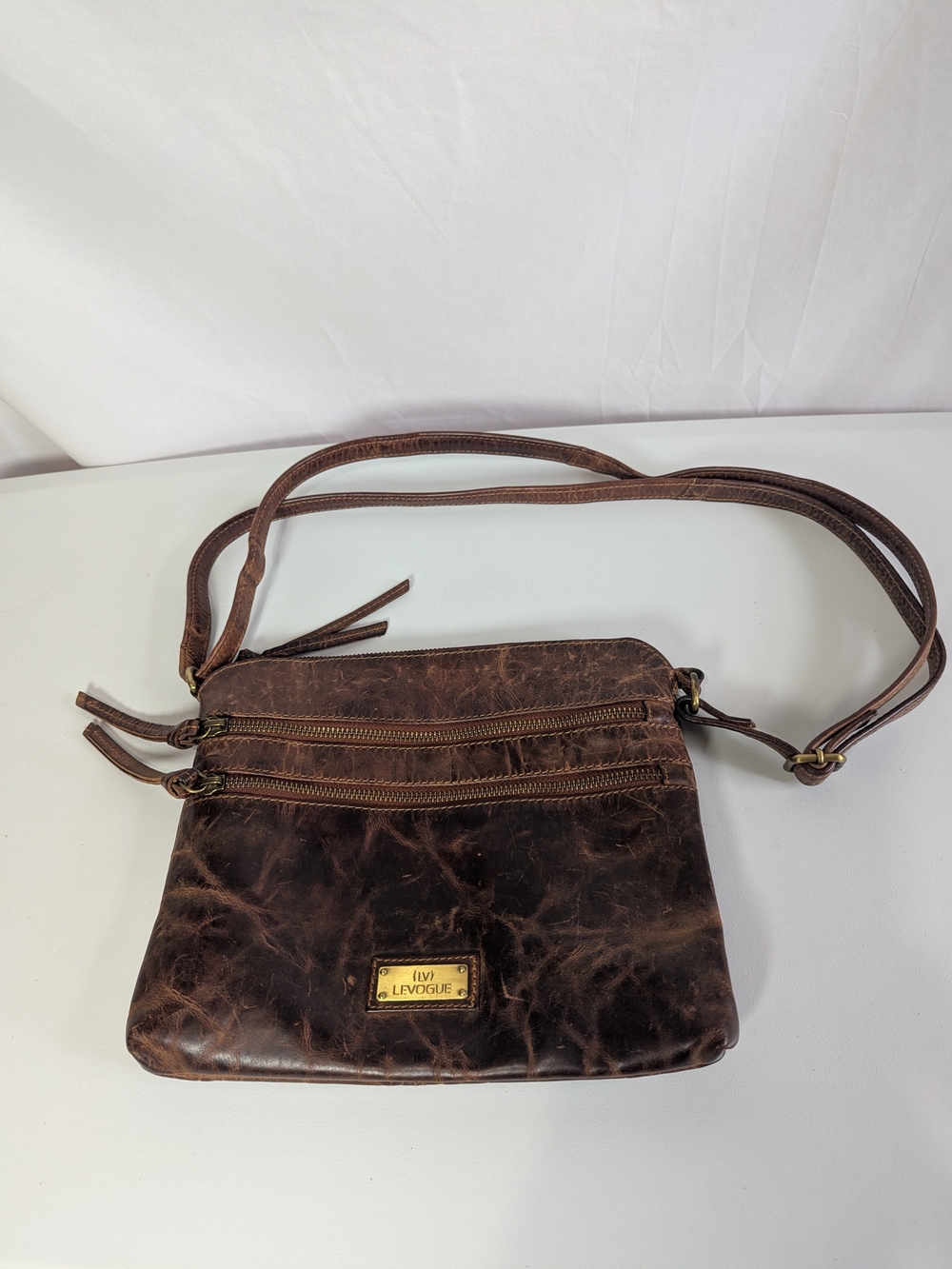 LeVogue Genuine Leather Brown Distressed Crossbody Bag 2-Zip